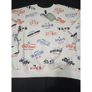 H&M Coca Cola Worldwide All Over Logo Crewneck Sweater Women's Large Creme Soft!